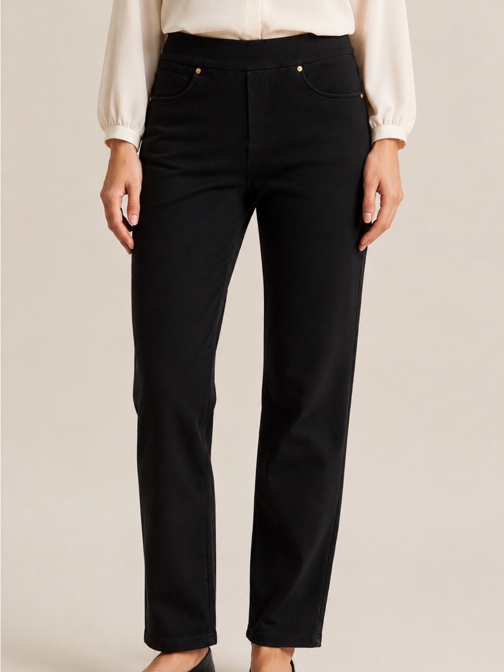 Michael Kors Black Pull-On Pants Gold Rivets Cotton Blend